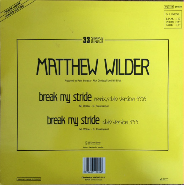 Matthew Wilder - Break My Stride (12"Maxi Used NM )